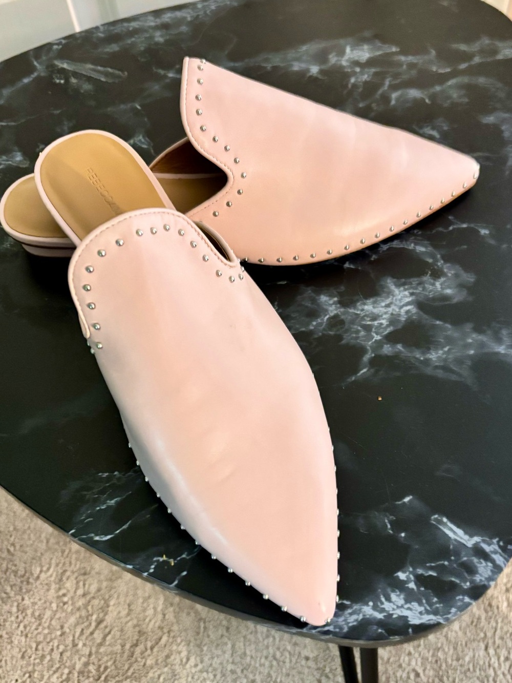 Rebecca Minkoff Blush Pink Pointed Slip-On Mules with Silver Studs. Never worn.